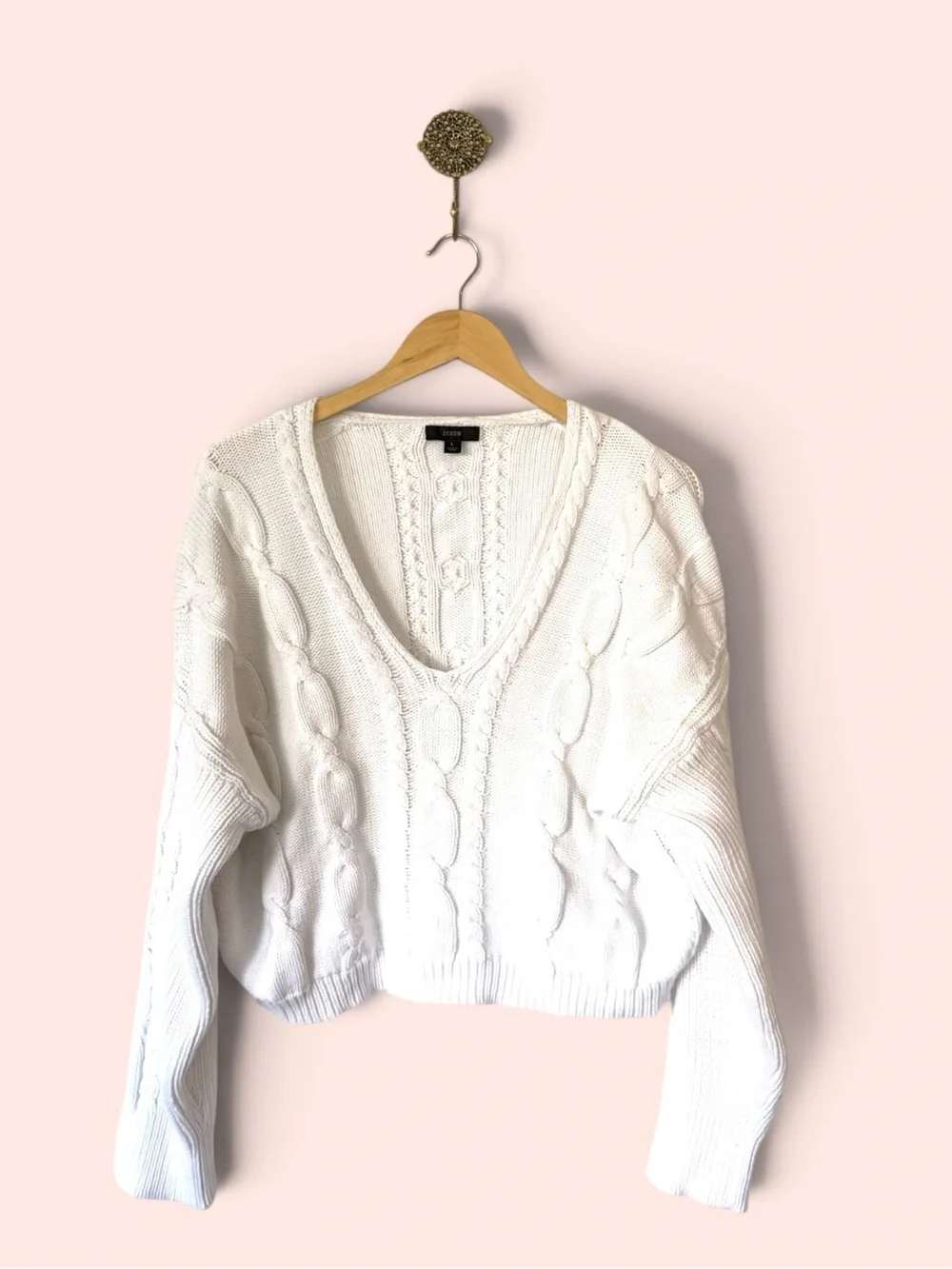 J.Crew Cropped V-Neck Cable-Knit Sweater White Size L